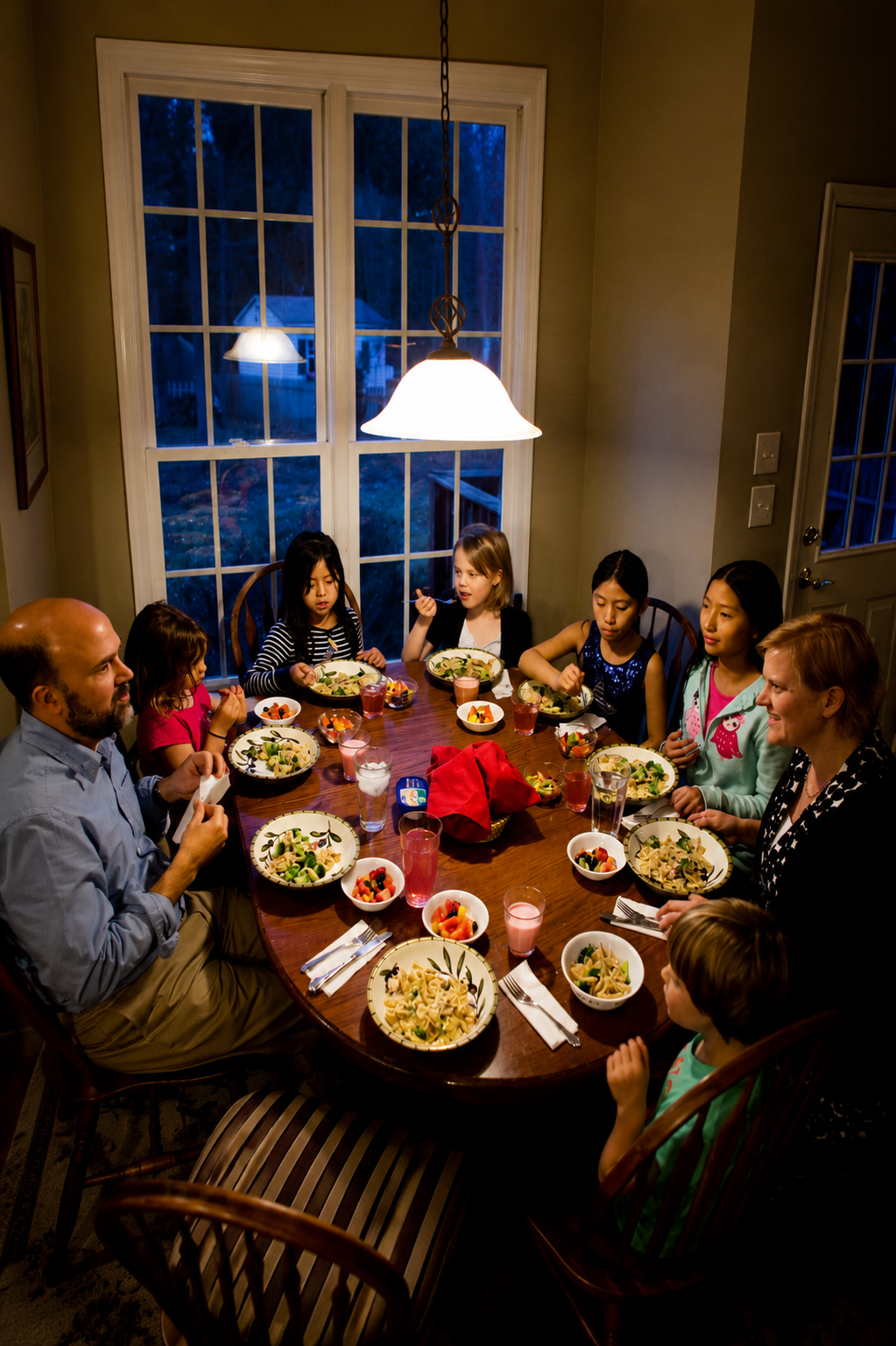 Editorial still life — family gathered around an everyday meal, soft daylight