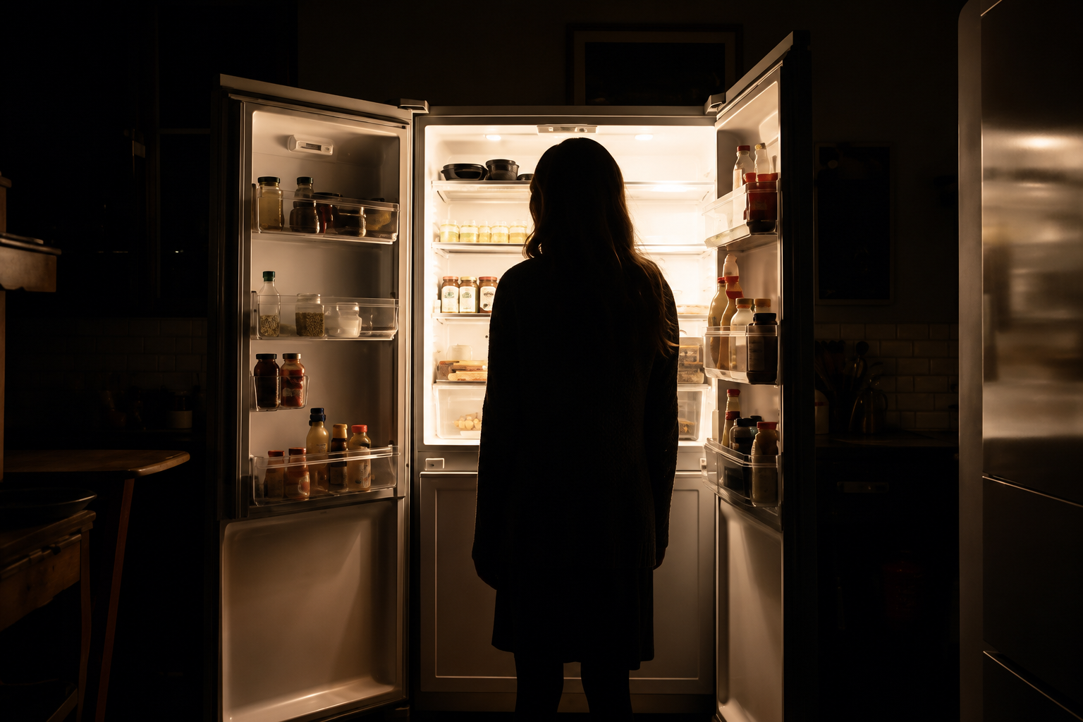 Editorial still life — quiet kitchen light, open refrigerator